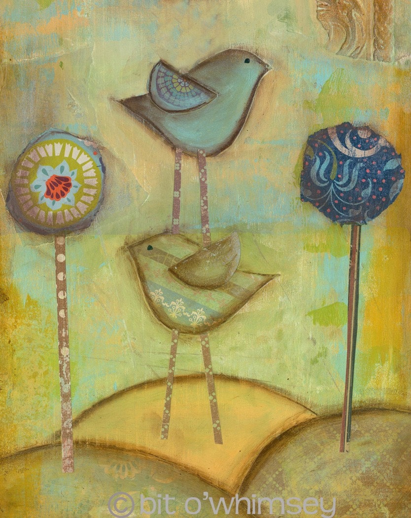 Pals...8x10...from original painting mixed media and collage by Kandy Myny Birds Flowers Yellow
