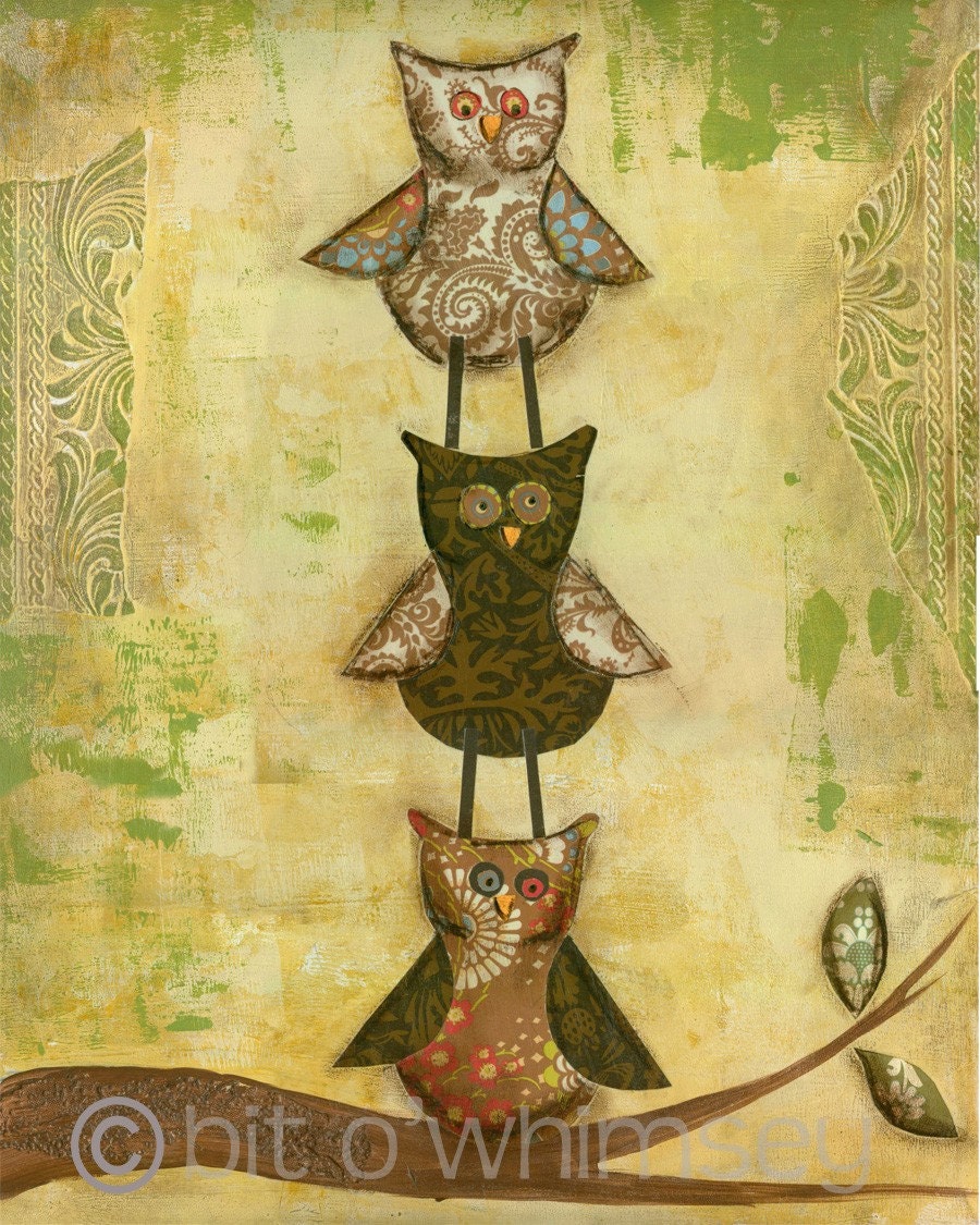 Three's company...5 x 7 print...from original mixed media painting and collage by Kandy Myny Owls Brown Yellow