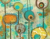 Its a Colorful World...12 x 16 print from original mixed media and collage painting by Kandy Myny Flowers Birds Orange Blue