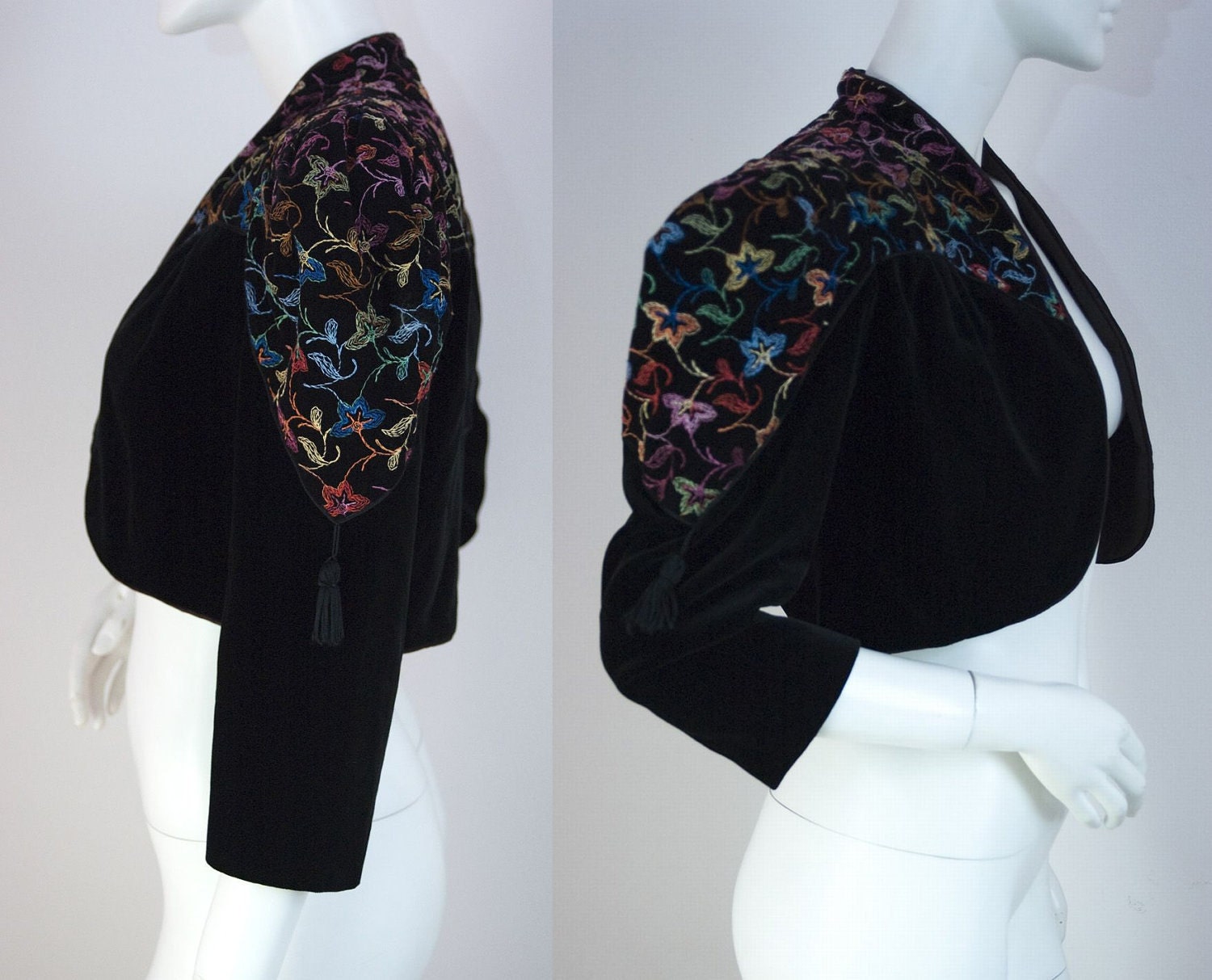 Vintage Bolero Jacket Black Velvet Embroidered Bolero with Tassels Evening Wear by TESSARA Size Medium 1980s