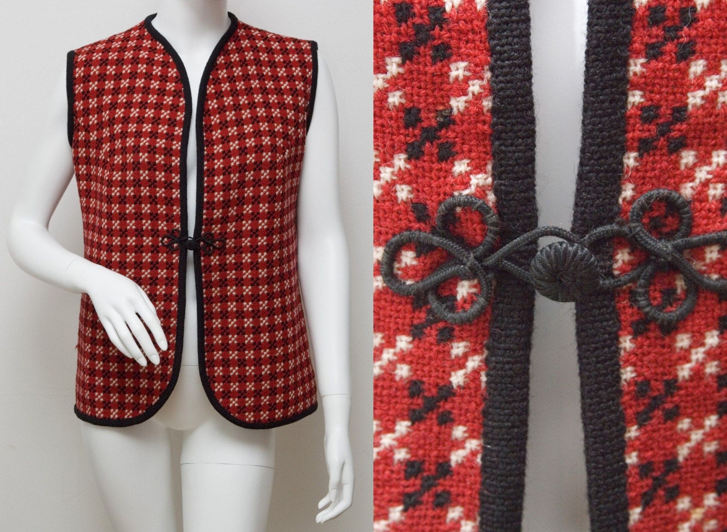 Vintage Wool Waistcoat Welsh Woollen Tapestry Waiscoat Red Fairisle Folk Jacket Medium 1960s