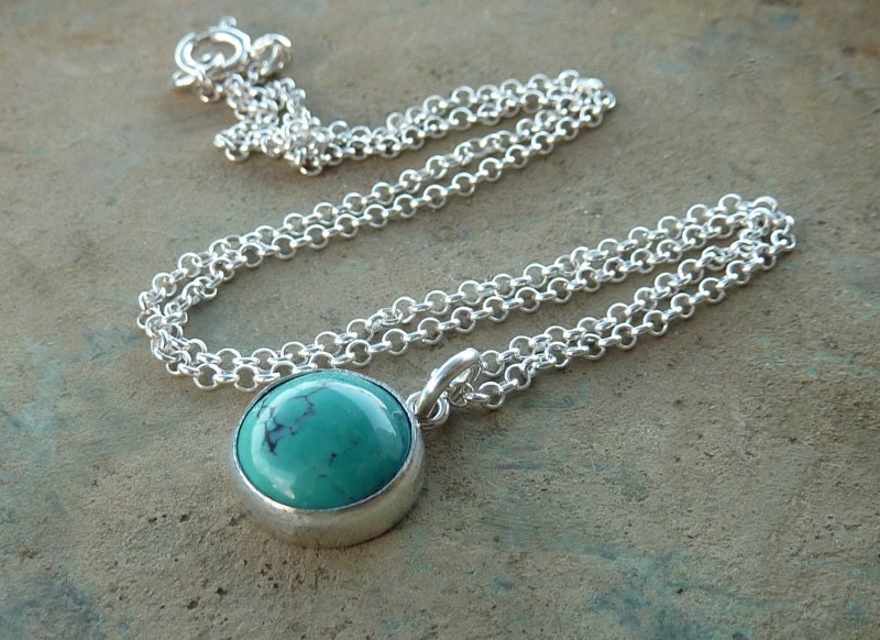Turquoise necklace, birthstone necklace, round turquoise cabochon pendant hang from sterling silver chain
