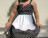 Retro Polka Dot apron dress with Hot Pink trim very ROCKABILLY I Love Lucy girls toddler infant fifties style dress 50s