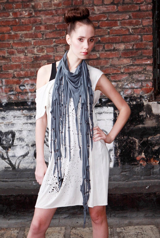 SAMPLE SALE - Spratters and Jayne Spring Bamboo Jersey Triangle Scarf, Glass Bead Fringe in Grey Cotton- Ready to Ship