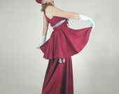 Peggy Hunt Jean Carol Label 30s Burgundy Taffeta Long Dress w/ Halter Neckline, Long Peplum, Light Blue Velvet Ribbon Details S