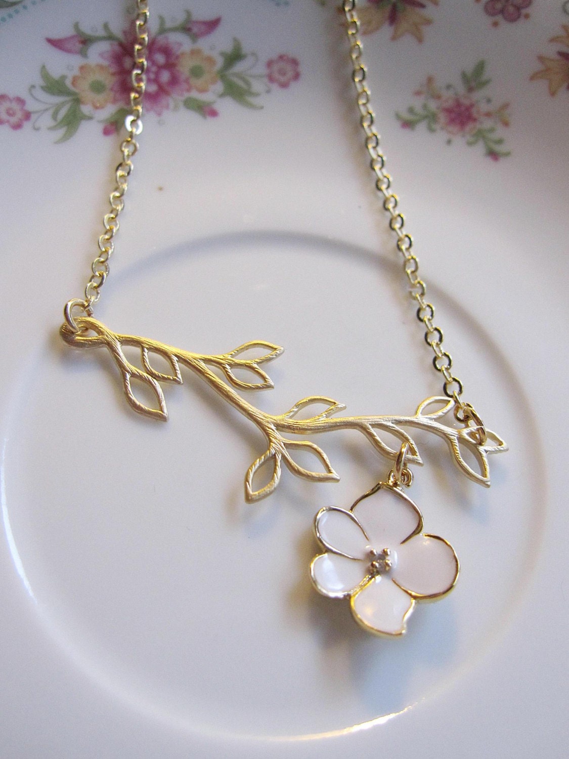 White Orchid Necklace, Gold Branch, Lotus Flower, Flower Charm, Bridal ...