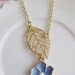 Cornflower Blue Lotus Flower Necklace, Asymmetrical Gold Skeleton Leaf, Wedding Jewelry