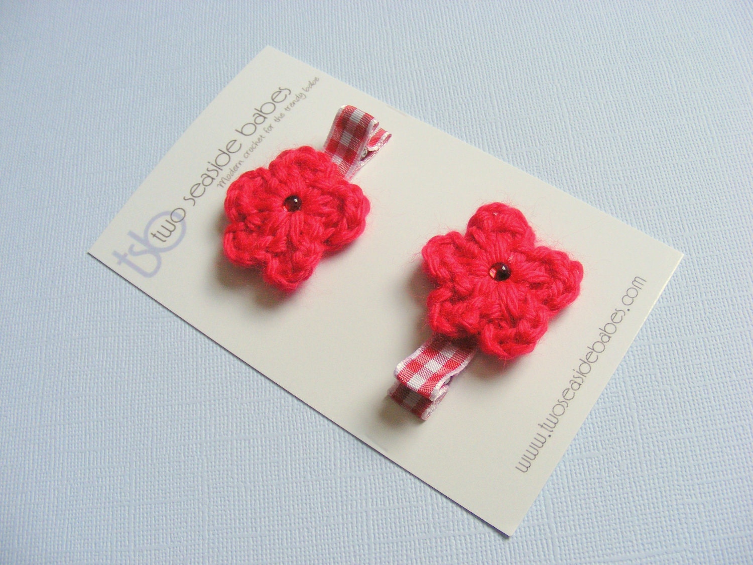 Hair Clips, Crochet Flower Hair Clip Pair  - Red Gingham Hair Clip Clippies for Baby Girls, Toddler Girls Spring Summer Picnic