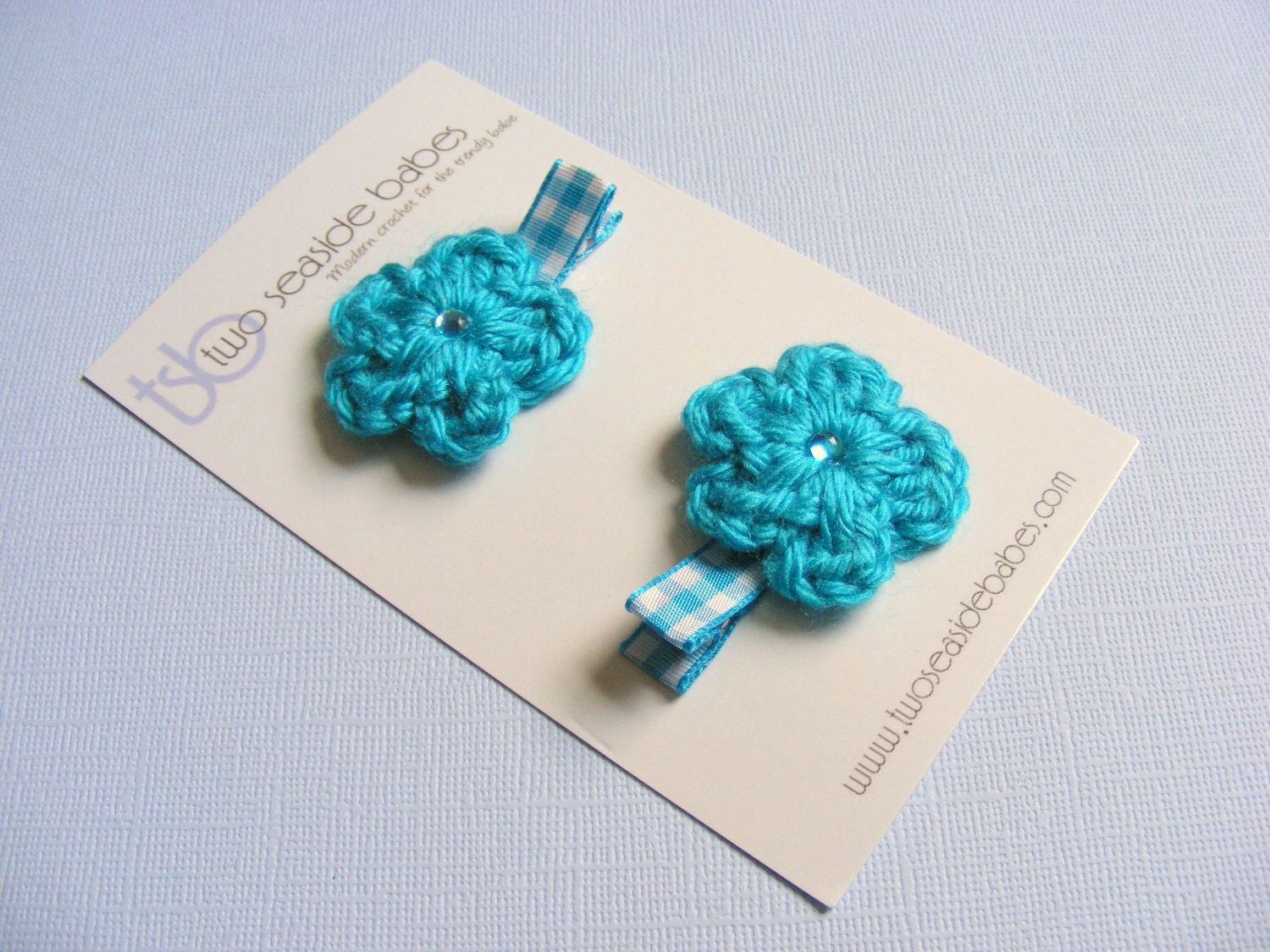 Hair Clips, Crochet Flower Hair Clip Pair  - Turquoise Blue Gingham Hair Clip Clippies for Baby Girls, Toddler Girls Spring Summer Picnic