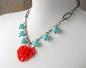 Vintage Turquoise Beaded Flower Necklace