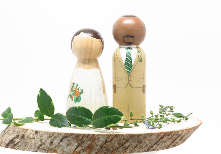 Fair Trade - A Shorter Bride - Fully Custom Peg Doll Wedding Cake toppers by Goose Grease -The Original - wooden dolls