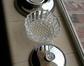 VINTAGE Covered Glass Bowl, stainless steel, bon bon dish, butter dish, three pieces, lid on bowl