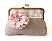 Wedding Clutch- Bridal Purse-- Bridesmaids Clutches- Grey Clutch with Rose Flower Brooch