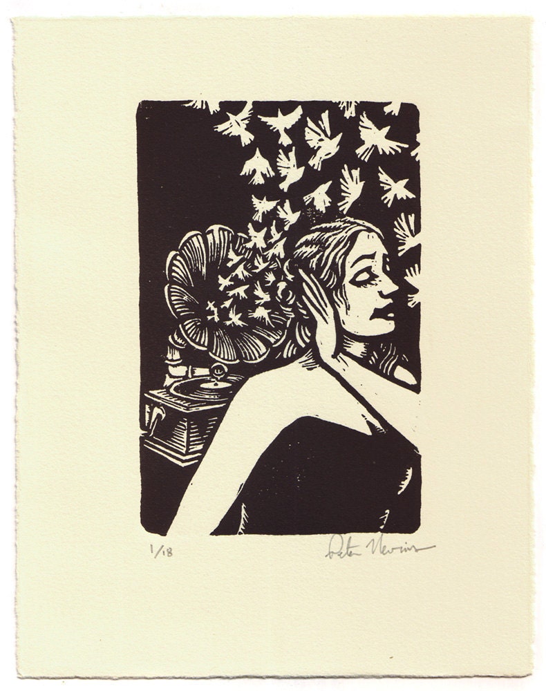 Grammophone Girl Linocut