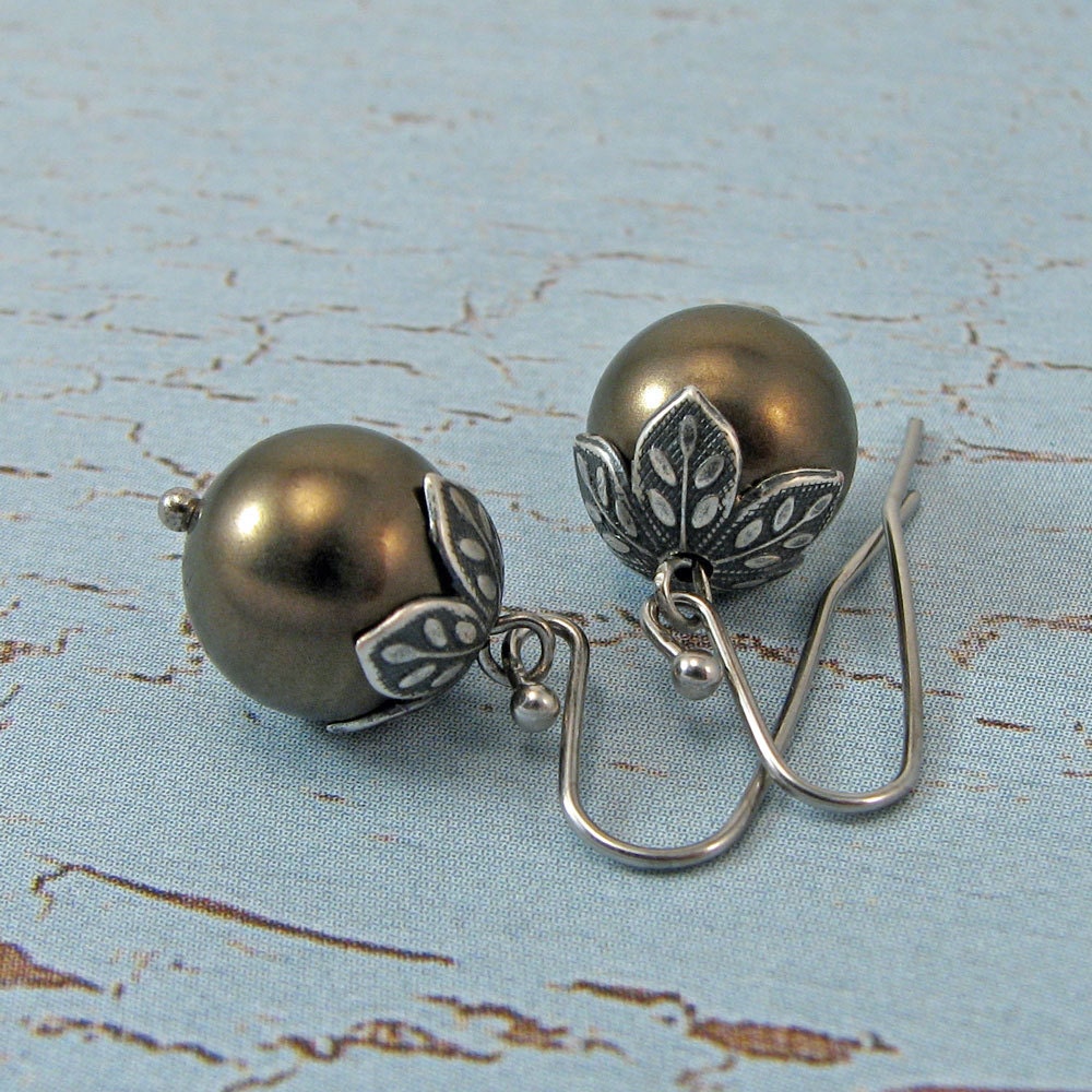 taupe shell pearl earrings in antique silver