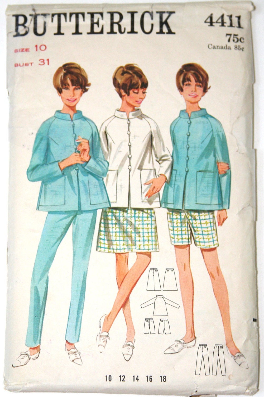 Vintage sewing pattern jacket, skirt, pants, and shorts summer outfit 1960s Butterick 4411 31 bust