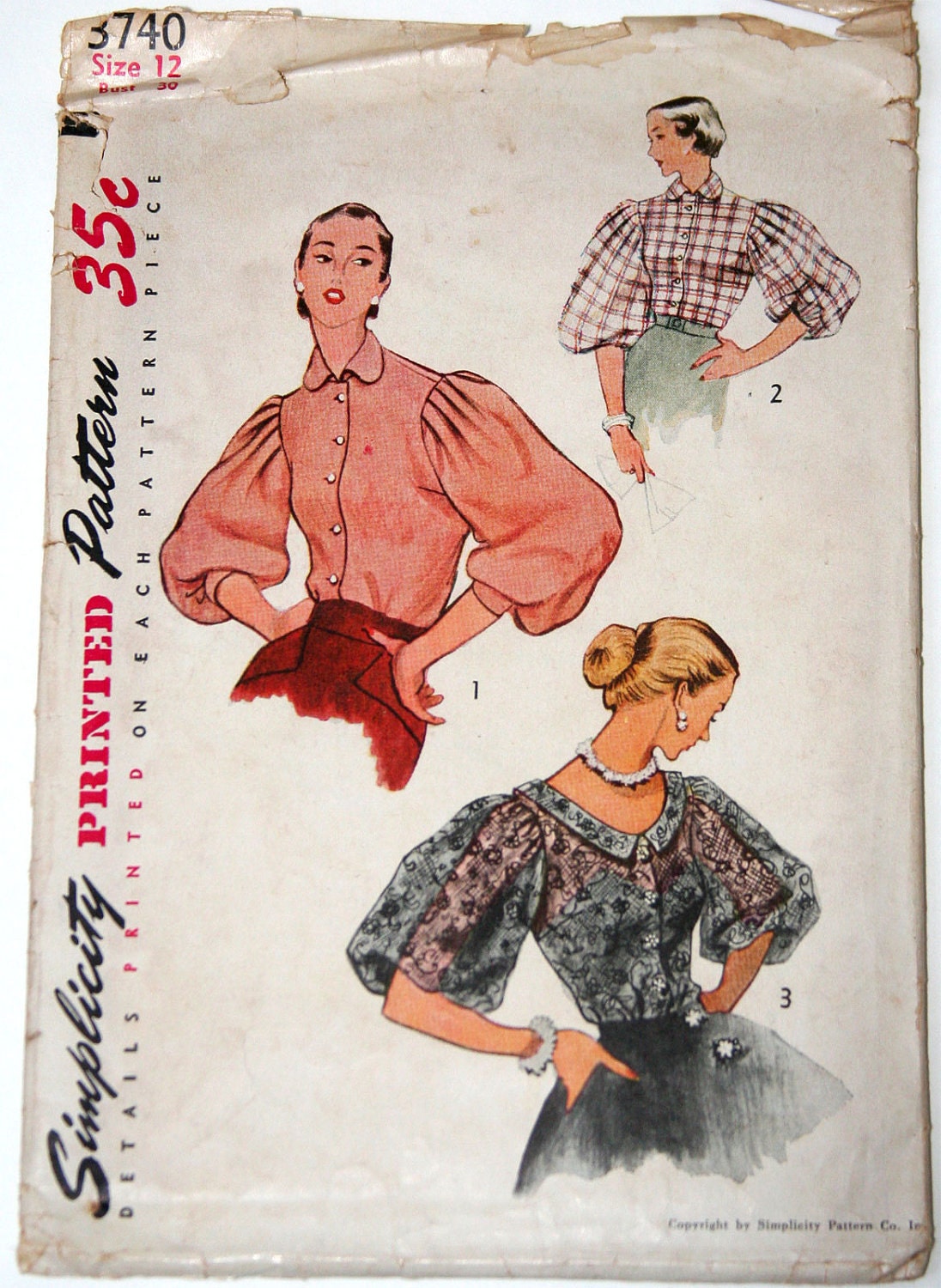 Vintage sewing pattern womens blouse with large gathered sleeves 1950s Simplicity 3740 30 bust