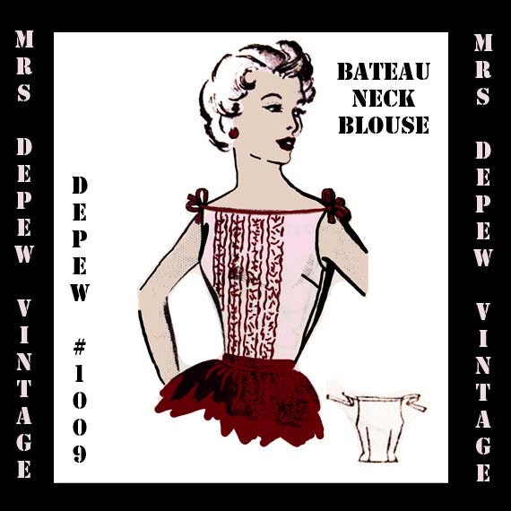 Vintage Sewing Pattern Ladies 1950's Bateau Neck Blouse PDF Print at Home Pattern Depew 1009 -INSTANT DOWNLOAD-