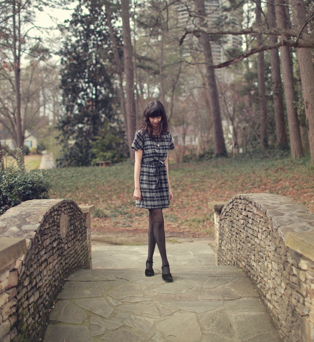 Liebemarlene Dress - Cotton Plaid Day Dress with Flatter Sleeves, Pleated Skirt and Detachable Sash