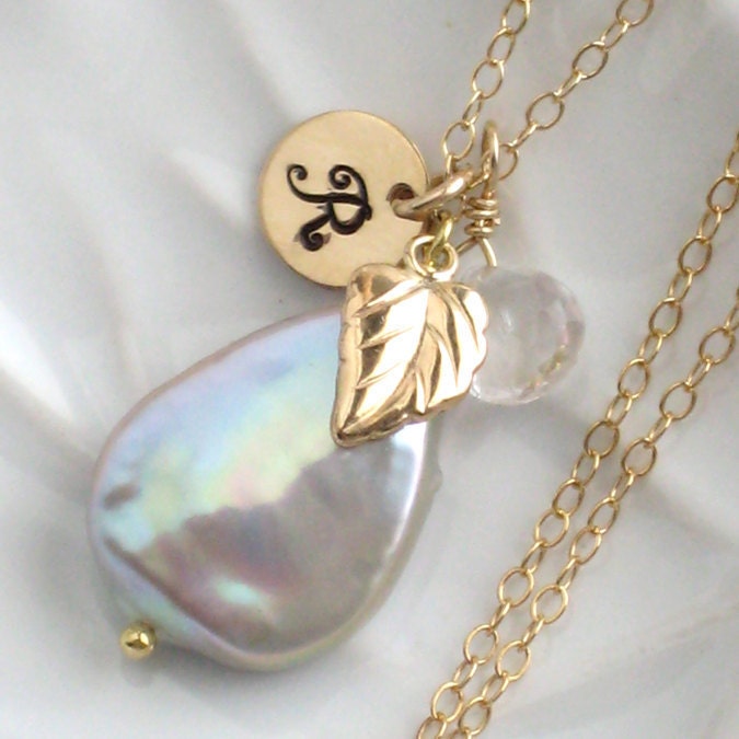 Autumn Dream Necklace - Grey Coin Pearl,  Gemstone Briolette drop in YOUR CHOICE Cursive Stamped Initial and Leaf Charm in 14k Gold fill