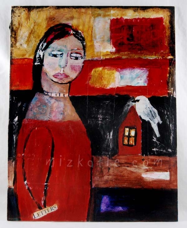Original Mixed Media Acrylic Whimsical Painting - Letters - art, girl, white bird, red, yellow birch plywood