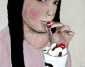 Acrylic Portrait Painting Girl sipping an ice cream soda - With a Cherry on Top, Original, White, Pink, Red