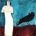 Heart Be Still - woman, crow mixed media print on chipboard sealed in beeswax 4x4