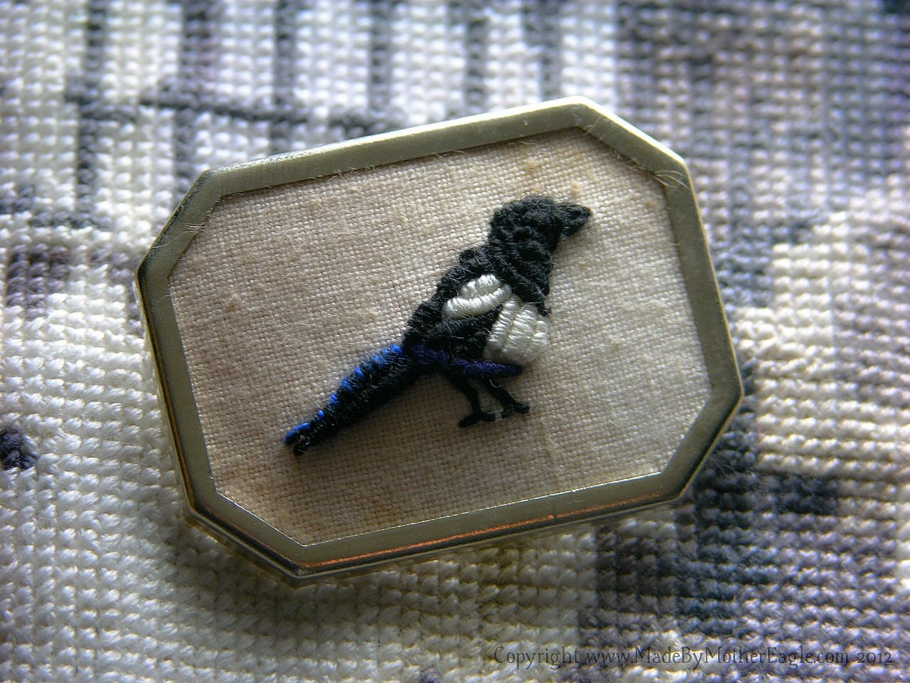MAGPIE Silver Brooch Pin, Hand-Embroidered Miniature Stumpwork. FREE SHIPPING