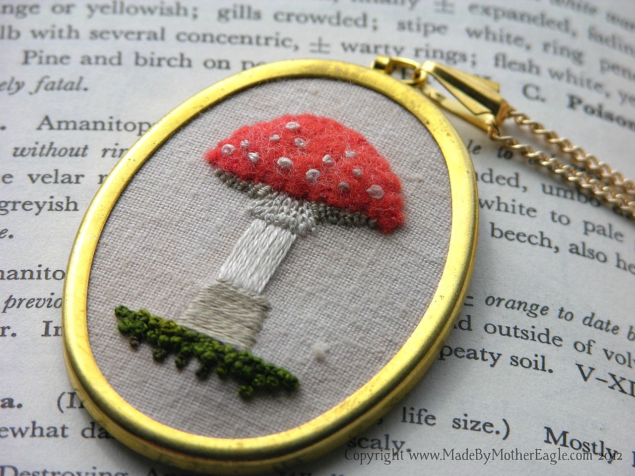 Toadstool Pendant, Fly Agaric Hand-Embroidered Miniature Stumpwork. MADE TO ORDER