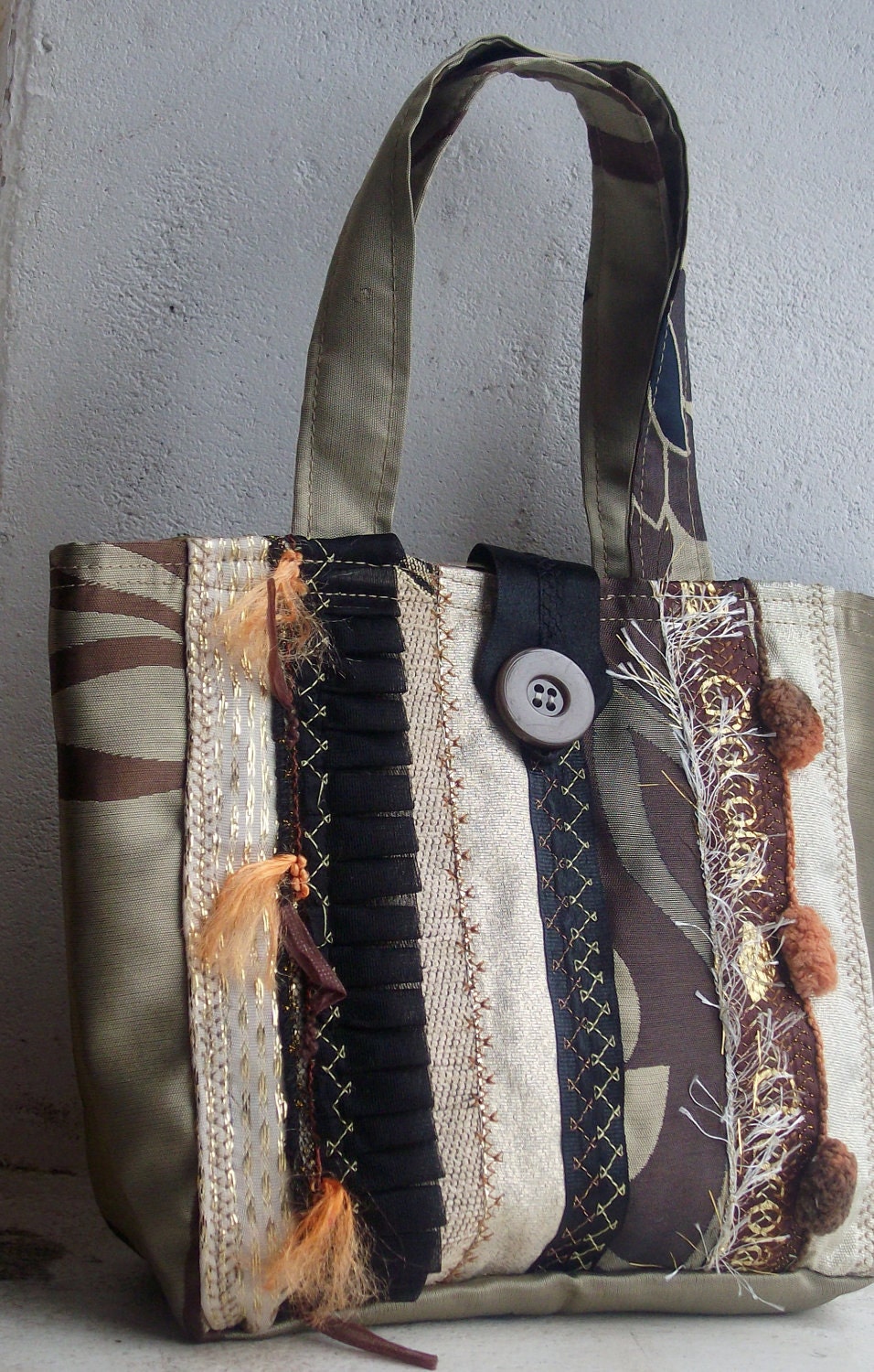 OOAK Hand bag from recycled sample fabrics in Coffee. Ready to ship