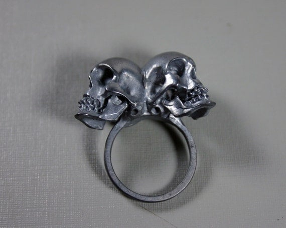 one of us. conjoined twin skull ring. sterling silver.