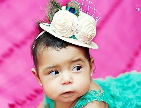 Baby Girls Headband.newborn Headband..peacock feather..mini top hat..aqua..newborn Photo props