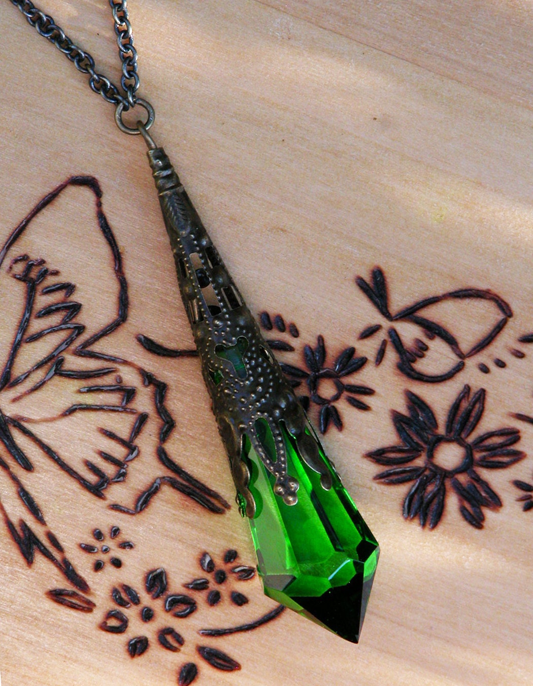 Emmaline . Swarovski Crystal Magickal Prism Divination Pendulum Necklace . Bronze Filigree Pendant . 30 inch
