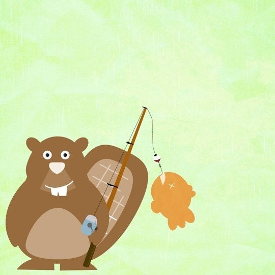 Woodland Nursery Art - 'The Camping Trip - Catch of the Day' in Green and Brown 6x6 Art Print with Beaver and Fish