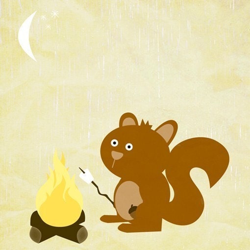 Woodland Nursery Art - 'The Camping Trip - Toasty' in Beige and Brown 6x6 Art Print with Squirrel