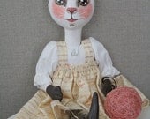 White Kitty Cat with Yarn Ball - Primitive Appalachian Folk Art Doll - Soft Sculpture