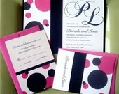 Wedding Invitation - Linen PInk and Black Polka Dot Ribbon Band - Bridal, baby shower, sweet sixteen, bat mitzvah, christening