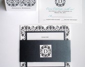 Square Brocade Wedding Invitation w/ Belly Band - Black, metallic slate, Tiffany blue - Bridal shower, Bat mitzvah, sweet sixteen