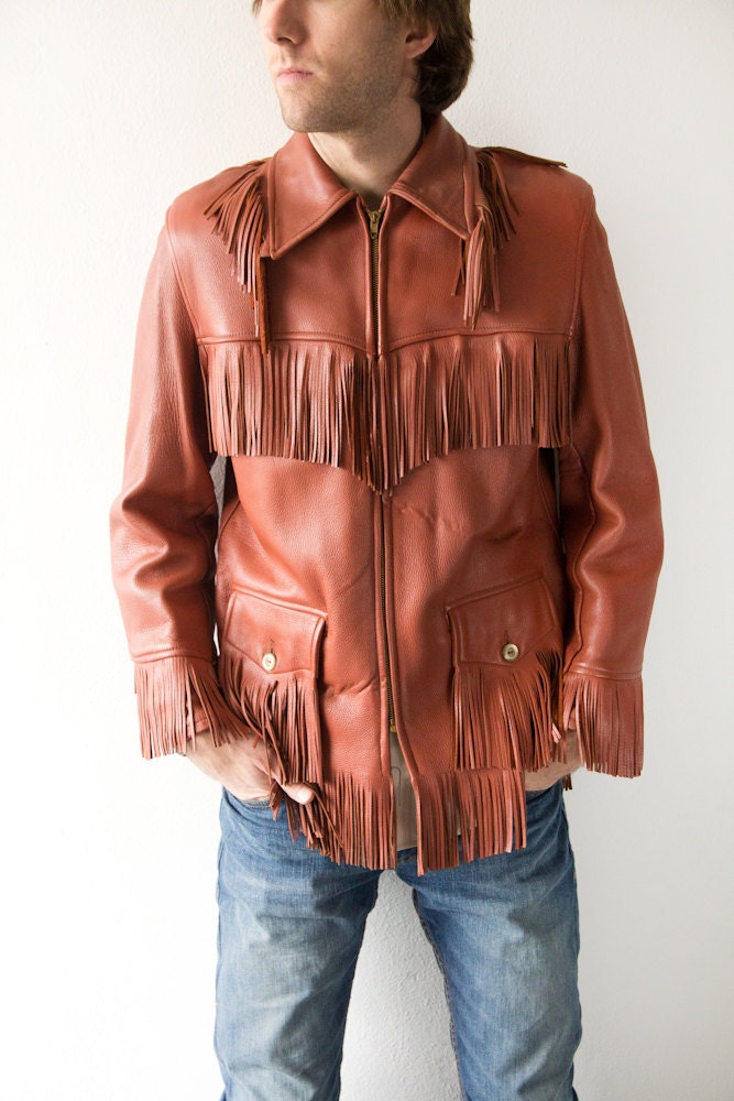 FREE SHIP 70's Mens Vintage Fringed Rust Leather Jacket- Size Medium/Large