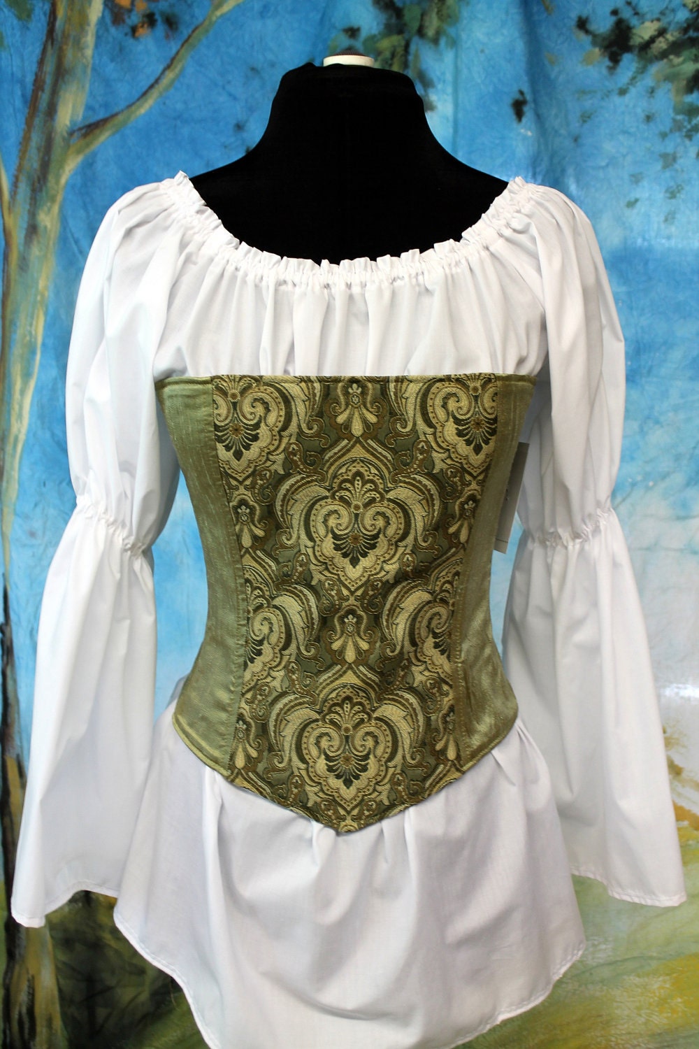 Green Silk Overbust Corset for  Pirate, Gypsy, Steampunk, 2 sizes to choose from 23, 37 Ready to Ship