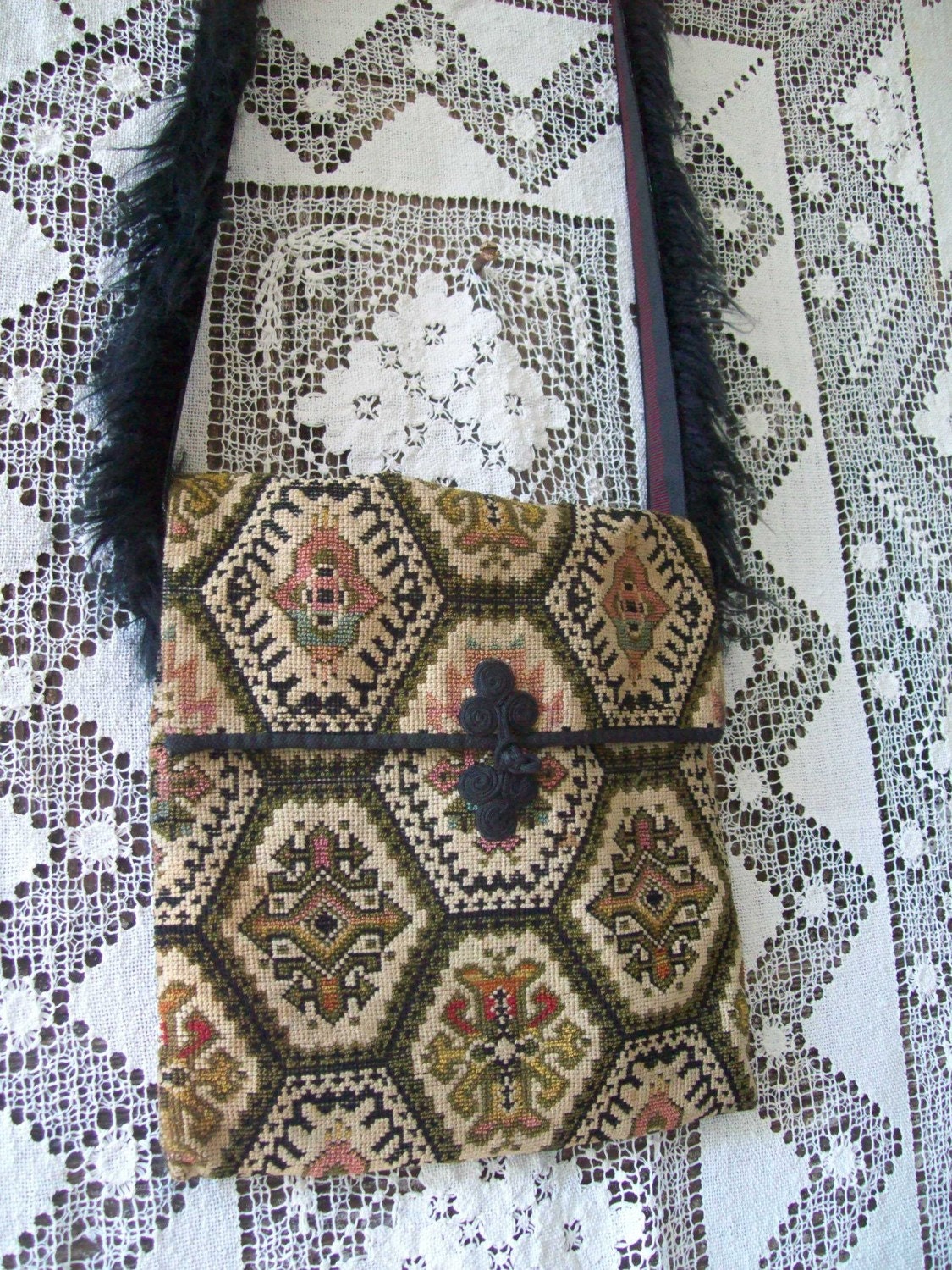 Cross body Bag Upcycled  Vintage Hippie Bohemian  Handmade with faux fur strap