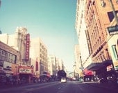 travel photography, downtown Los Angeles photograph, city streetscape, LA theatre architecture Broadway, retro blue, urban loft decor