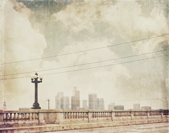 photography, LA skyline, downtown Los Angeles photograph, June gloom, grey sky, CA travel, dark urban city 24x36 wall art, loft decor
