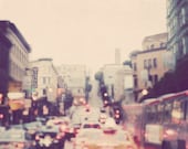 San Francisco photography, rush hour SF, rainy winter dusk dreamy lights colorful bokeh Coit Tower, city urban traffic North Beach CA travel