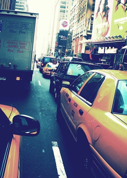 New York City photography, cabride, blue urban yellow taxi cabs NYC manhattan street traffic, big apple, fine art print 5x7
