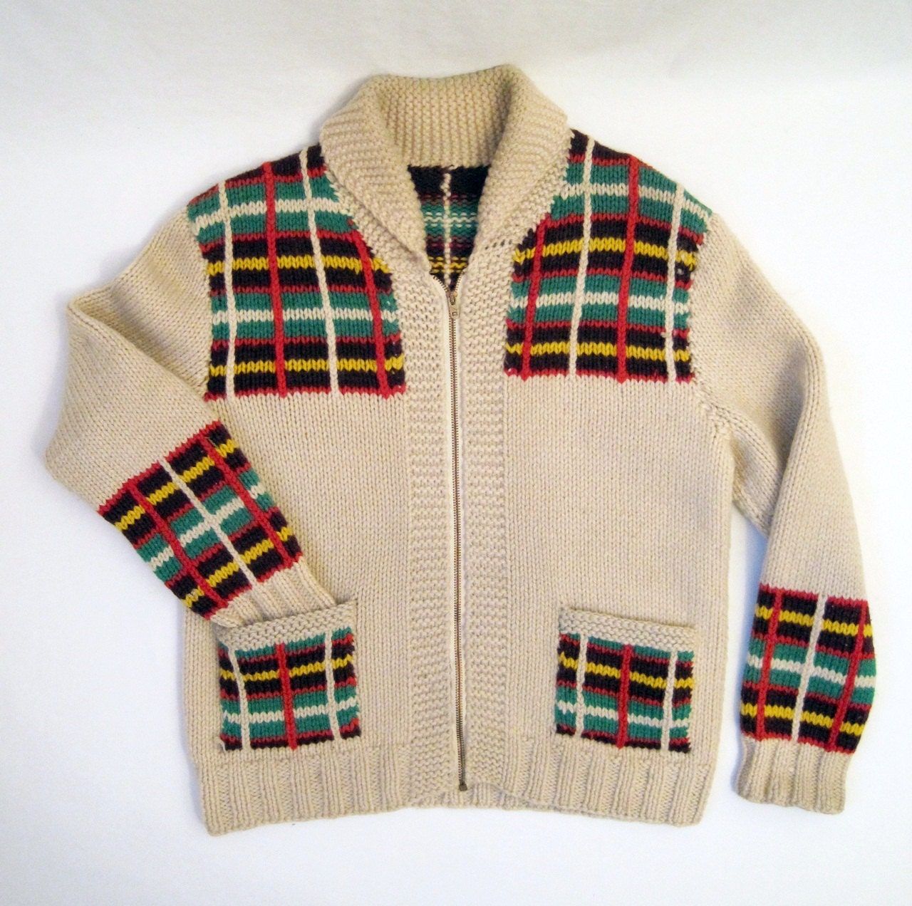 Vintage Sweater Cowichan Style Wool Plaid Curling Mary Maxim Graph Jacket M
