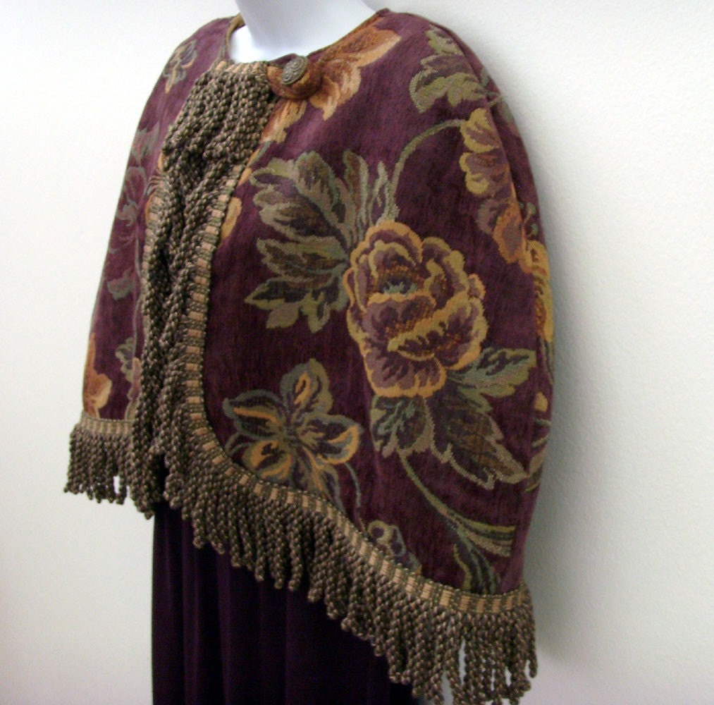 Floral Damask Capelet / Maiden of the Manor Fashion Cape / Bullion Fringe / Aubergine - Eggplant - Sage Green - Gold / Jewel Tone / OOAK