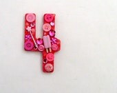 Number 4 Brooch - Lapel Pin / Pink / Embellished / Upcycled Vintage Wood Game Piece / OOAK