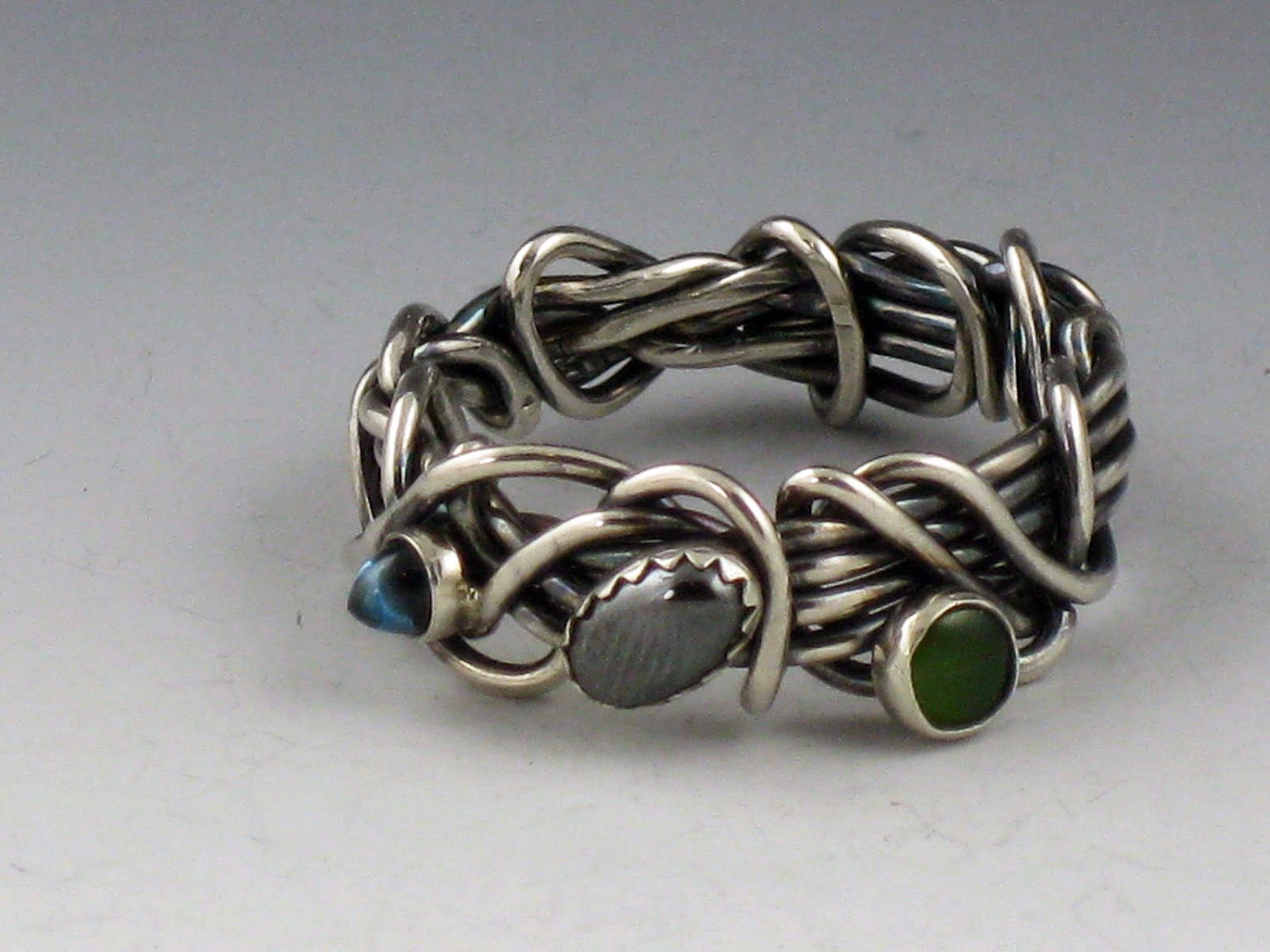 Grapevine Ring with Stones, blue tpoaz, hematite, jade