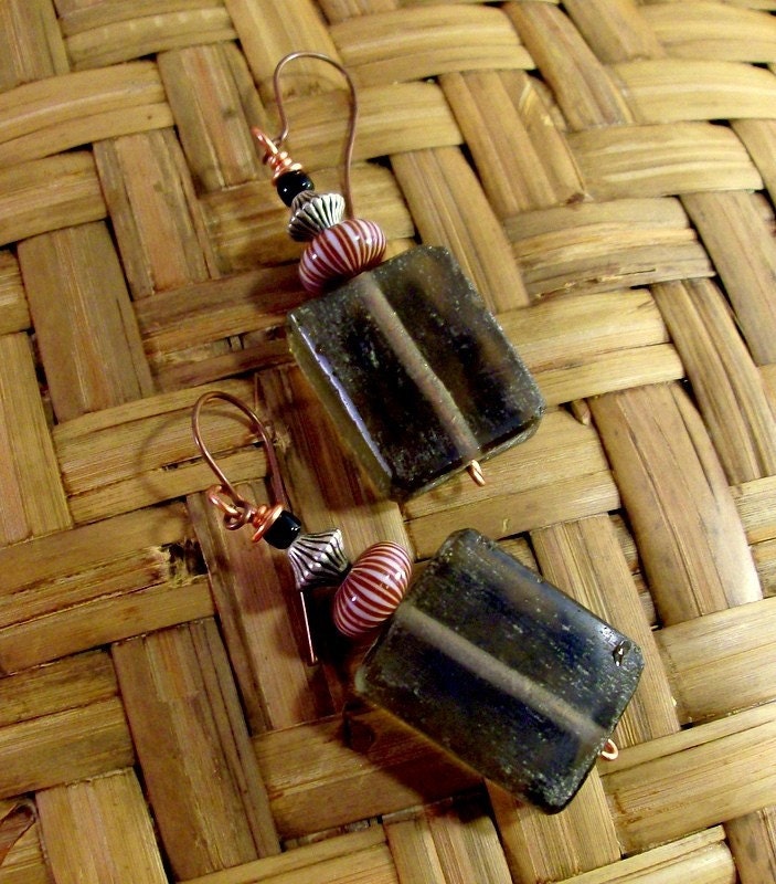 Autumn Black Glass, Silver & Copper Earrings - Bohemian - Rustic - Vintage - stoneandbone